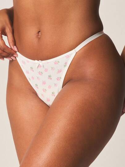 MISSGUIDED Ribbed Floral Print Thong With Lace Trim Delicate Pink Roses Pattern Soft Comfortable Underwear For Everyday Wear