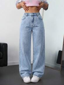 SHEIN ICON Plus Size Women Casual Pocket Straight Leg Jeans - Light Wash - View 1