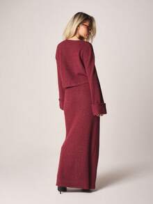 MISSGUIDED Conjunto de Duas Peças em Tricô Canelado Bordô, Cardigan com Botões na Frente e Saia Longa Coordenada, Outono Inverno - Vinho - Visão 3