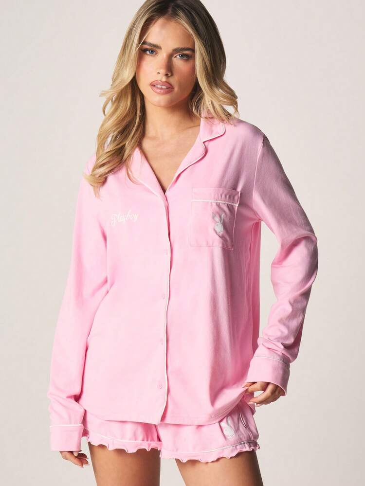 Missguided x Playboy Long Sleeve Button Front Shirt With Elastic Waist Ruffle Hem Shorts Pajama Sleep Set Loungewear Nightwear
