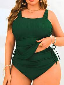 Swim Lushoire Plus Size 2pcs Solid Color Tankini Swimsuit Set, Wide Strap Top With Drawstring Bottom, Pleated Casual Minimalist Mature Plus Size Swimwear - Green - View 5