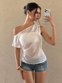 Bluhae Plus Size Women's Solid White Chiffon Asymmetric Shoulder Pleated Waist Tie Bow Blouse + Camisole Shirt, Casual Commuter Elegant Fashionable Versatile Retro Lazy Vacation New Spring/Summer - White - View 5