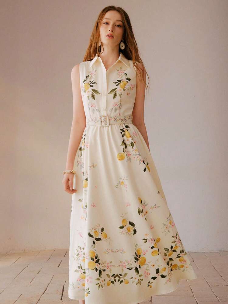 WOMEN'S APRICOT LEAF PRINT FITTED WAIST SLEEVELESS ELEGANT DRESS