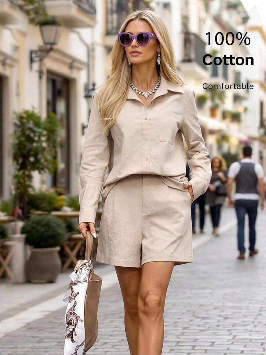 Editum Bộ đồ nữ mới thanh lịch gồm áo sơ mi và quần short màu trơn, thoải mái, thích hợp mặc hàng ngày và đi làm.