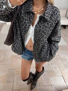 Chaqueta vaquera casual y holgada con estampado de leopardo para mujer - Café integral - Ver 3
