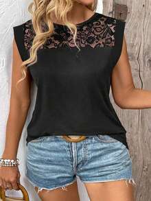 EMERY ROSE New Fashion Casual Versatile Plus Size Women Lace Patchwork Black T-Shirt - Black - View 4
