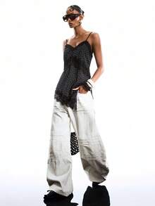 LYSMO 2026 新款极简主义春夏女装休闲度假波点印花撞色蕾丝不规则下摆开衩吊带背心，适合外出、毕业典礼、母亲节、度假等场合，风格百变，波西米亚风 - 黑色 - 查看 7