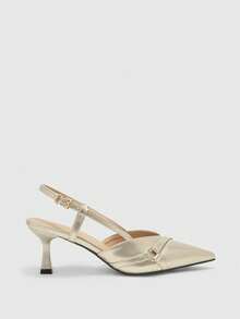 CUCCOO BIZCHIC Tacones altos de mujer con puntera puntiaguda, hebilla y decoración - Dorado - Ver 2