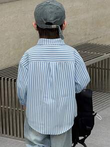 Dazy Kids Young Boy Casual Vacation & Commute Blue & White Striped Print Loose Fit Drop Shoulder Long Sleeve Shirt, Spring/Autumn - Blue - View 2