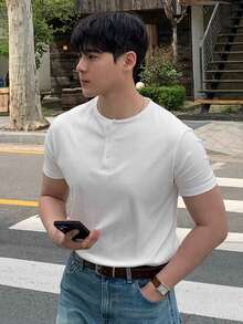 DAZY Áo thun nam cổ tròn màu trắng trơn, dáng ôm, thích hợp cho mùa hè. - trắng - Xem 7