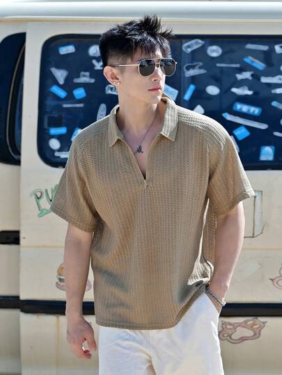 DAZY 男士休闲夏季假日纯色纹理面料半拉链 Polo 衫