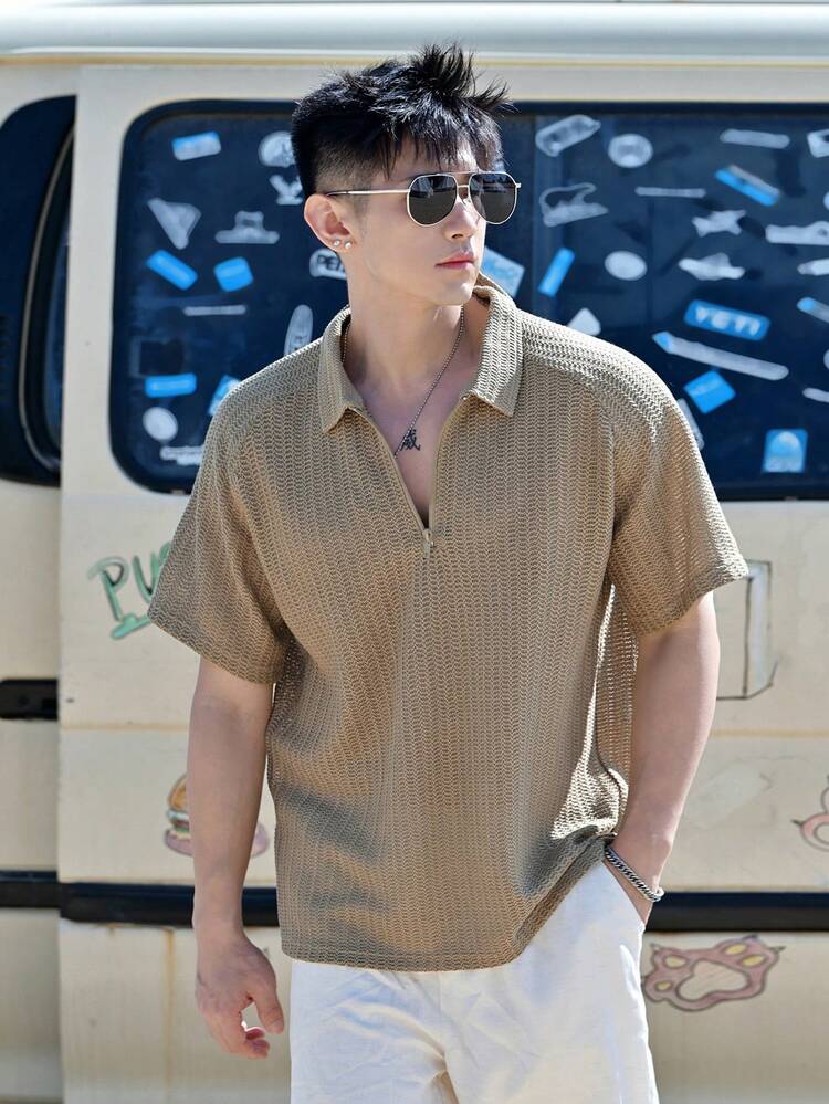 Men's Casual Summer Holiday Solid Color Textured Fabric Half-Zip Polo Shirt