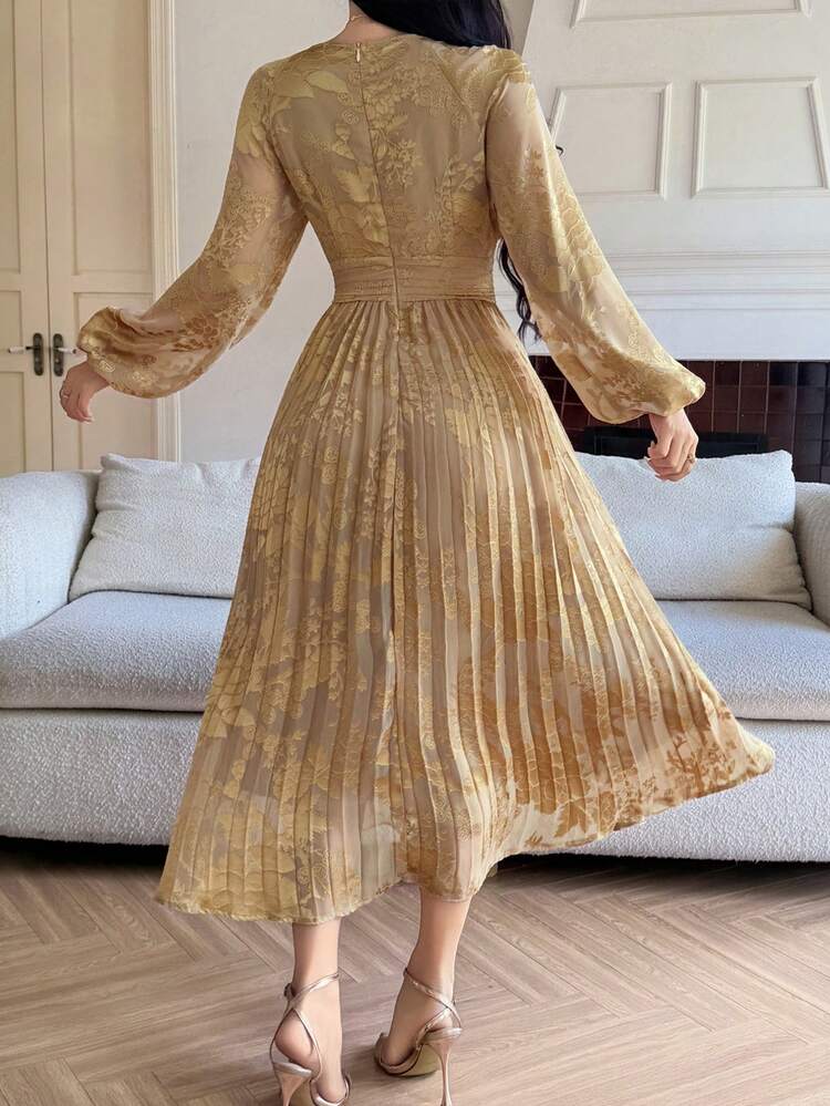 V-Neck Jacquard Long Sleeve Dress, Waist Cinching Slimming Long Sleeve Pleated Dress Wedding Guest Dress Sundress