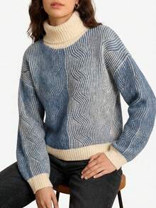 Lilora Women's Casual High Neck Regular Length Multicolor Wave Print Drop Shoulder Knit Pullover Sweater - Multicolor - View 3