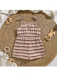 Loomiva Baby Girl Striped Pattern Suspender Romper, Versatile & Comfortable - Multicolor - View 3