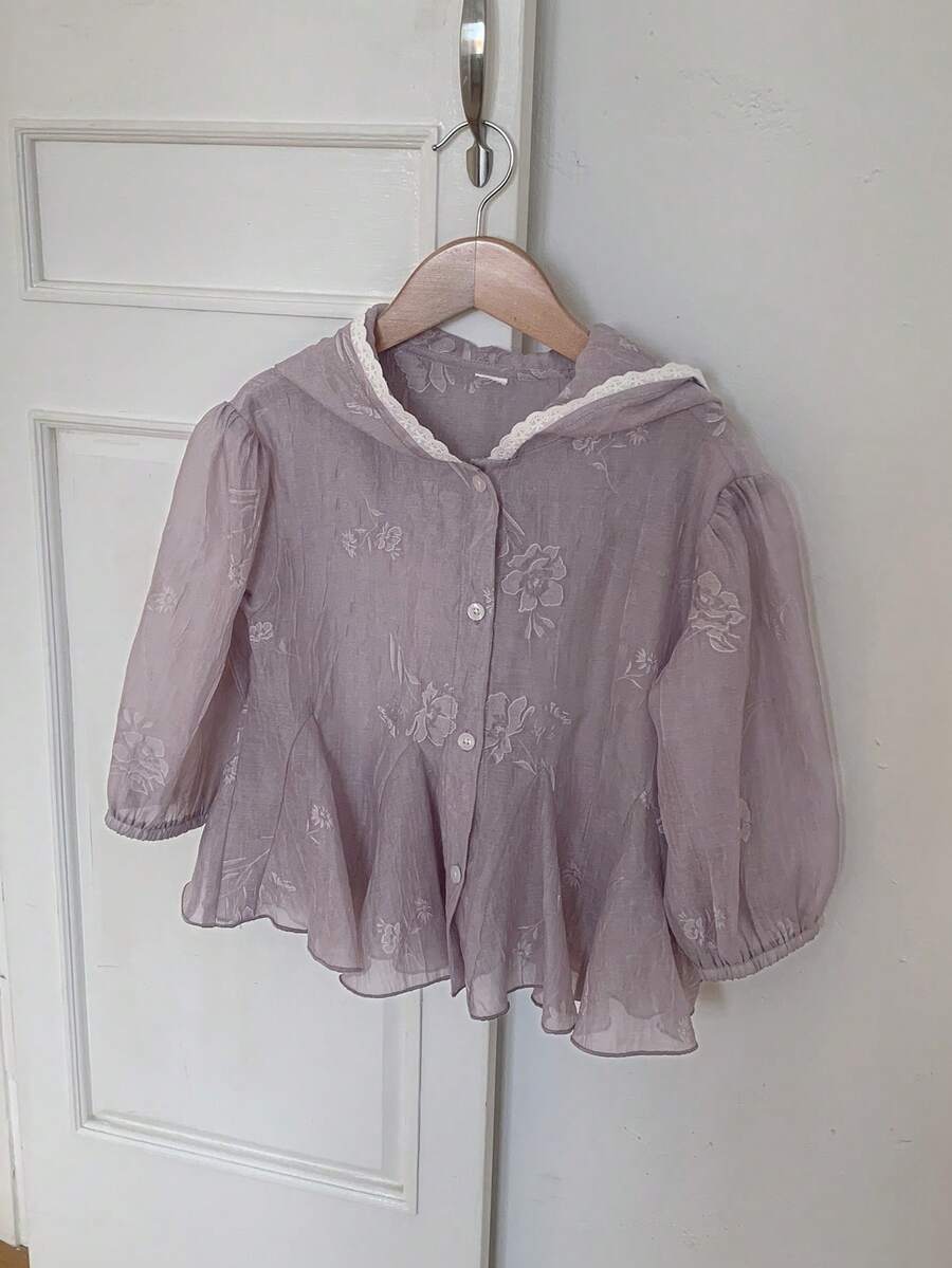 DAZY Young Girl Casual Jacquard Lace Trim Hooded Jacket, Spring/Summer - Purple - View 1