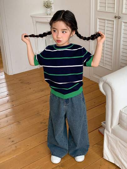 DAZY 女童撞色条纹短袖毛衣，春秋季休闲款