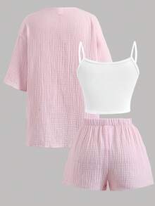 SHEIN Bộ đồ mùa hè thường ngày cho bé gái, chất liệu vải nhăn, gồm áo hai dây trắng, áo sơ mi hồng và quần short hồng. - Hồng - Xem 2