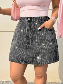 SHEIN EZwear Damen Große Größen Lässiger Denim Rock mit Strass-Verzierung, Mini, glitzernd, Frühling/Sommer, Karneval Damen Look 2026, Ausgehen, Elegante Party, Urlaub - Blau - Übersicht 3