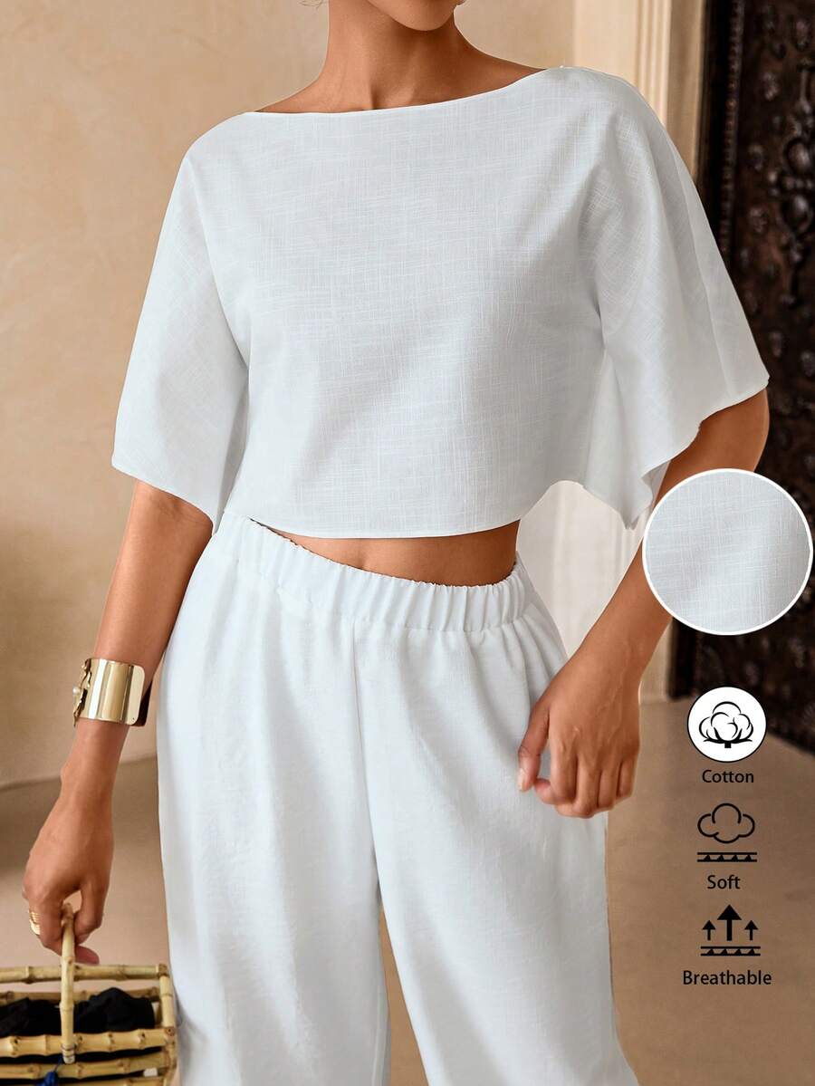 Vesra Blusa de mujer de cuello redondo y manga corta para verano - Blanco - Ver 1