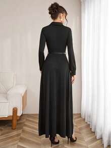 SHEIN Clasi 女士撞色梭织面料V领纽扣前襟长袖腰带A字中长连衣裙，商务优雅办公通勤休闲用餐两用，黑白撞色，秋冬春季 - 彩色 - 查看 2