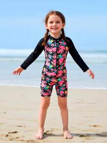 SHEIN 女童火烈鸟印花连体泳衣，带拉链、长袖、防晒，适合海滩穿着 - 彩色 - 查看 8