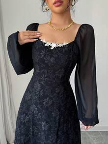 Modelyn Women's Elegant Black Random Print Long Dress With Square Neck Bishop Long Sleeves And Flared Hem For Special Occasions Elegant Dresses For Women - Black - View 3