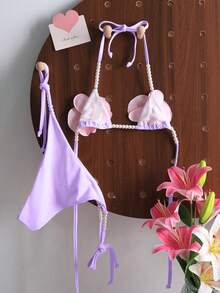 Swim Mod Bộ bikini gợi cảm màu trơn dành cho nữ, kiểu buộc dây cổ, đính hạt cườm và trang trí ngọc trai, thích hợp cho kỳ nghỉ biển. - Màu tím hoa cà - Xem 2