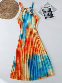 GlowEve Neck Tied Fitted Artistic Rendering Pattern Pleated Mini Dress,Summer Dresses For Women - Multicolor - View 2