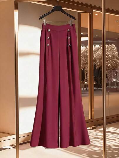 GlowEve CURVE 大码女式优雅高腰金色纽扣装饰长款喇叭裤，休闲百搭，酒红色，春夏款
