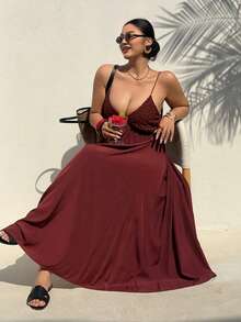 Dazy Plus 大码纯色吊带无袖优雅简约夏季睡裙邮轮装女式连衣裙 - 酒紅色 - 查看 1