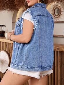 EMERY ROSE Jaket Denim Kasual Kancing Depan dengan Tepi Berumbai untuk Wanita Ukuran Plus, Modis & Serbaguna - Medium Wash - View 2