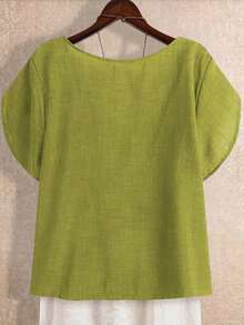 EMERY ROSE 新款时尚休闲斜领纽扣短袖女式衬衫 - 薄荷綠 - 查看 2