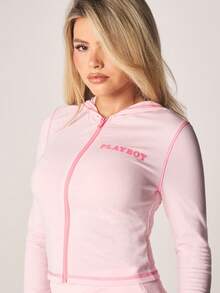 Missguided x Playboy Zip Up Hooded Long Sleeve Crop Top With Front Logo Print Pink Fleece Sweatshirt Jacket For Women Fall Winter - Pink - View 5