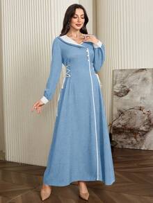Modelyn Elegant Long Sleeve Dress With Contrast Color Trim And Drawstring Waist - Blue - View 8