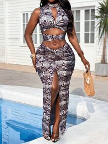 Glyssa 女士立领无袖扭结高开衩修身鸡尾酒礼服，优雅性感夜店派对通勤连衣裙，奢华蛇纹银色吊带裙，时尚新年装扮 - 灰色 - 查看 7