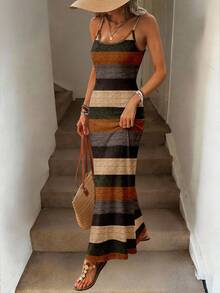 Easowa 女士条纹撞色吊带修身长连衣裙，适合春夏穿着，休闲百搭 - 彩色 - 查看 7