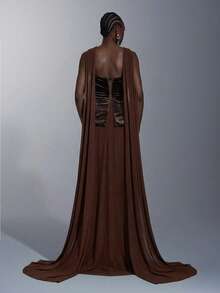 Elitara 优雅、浪漫、性感、简约、弹力丝绒面料、网纱拼接、水钻点缀、垂坠亮片装饰、加大码连衣裙、时尚、节日、度假、生日派对、婚礼、正式晚宴礼服 - 咖啡棕 - 查看 4