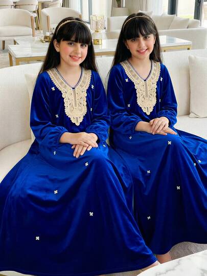 Tween Girl Dress, Navy Blue Long Dress With Pearl Decor Floral Collar And Long Sleeves, Suitable For Outings And Parties