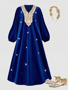 少女连衣裙，藏蓝色长裙，珍珠装饰花朵领口和长袖，适合外出和派对穿着。 - 藍色 - 查看 7