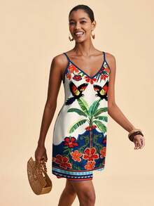 Travachic Casual Vacation Style Tropical Rainforest Geometric Placement Retro Print Colorful Parrot & Hibiscus Tropical Floral Women Casual Retro Printed Mini Dress, Suitable For Spring/Summer - Multicolor - View 4