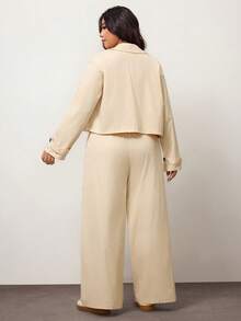 Enliva 2pcs Plus Size Casual Short Basic Windbreaker Jacket And Straight Leg Casual Pants Set, For Apple Rounded Body Shape - Apricot - View 2