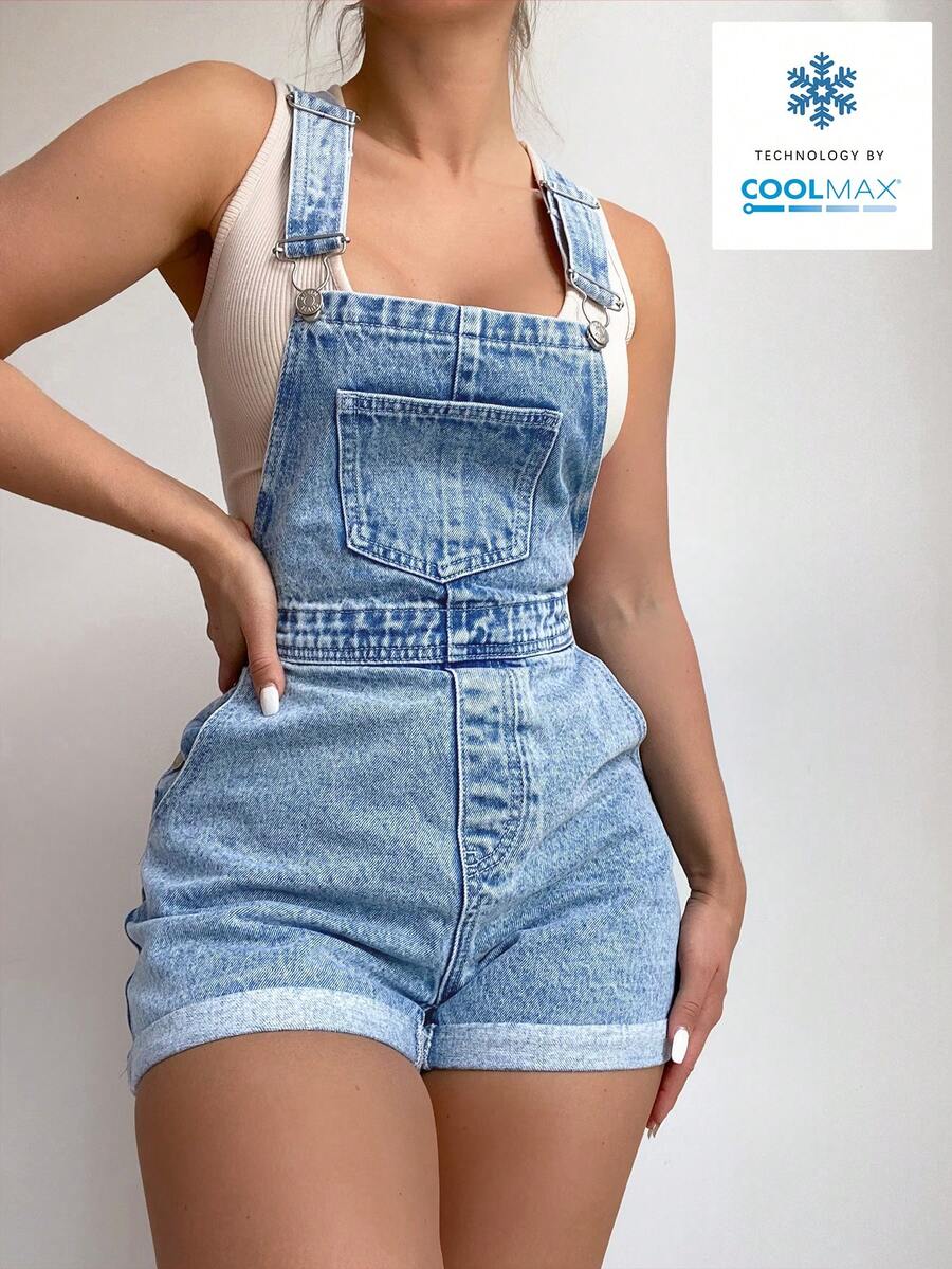 Flexra Jumpsuit Denim Kasual Wanita dengan Saku dan Hem yang Dapat Digulung, Musim Panas - Light Wash - View 1