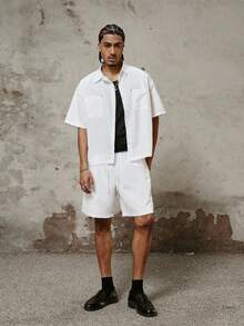 PAVTROS Men's Loose Fit All White Utility Short Sleeve Shirt & Shorts Set,Linen Two Piece Vacation Set With Dual Pockets,Summer Casual Beach Co Ords - White - View 4