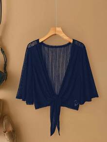 Linhara 大码女士优雅蕾丝网纱透视袖沙滩罩衫外套 - 藏蓝色 - 查看 3