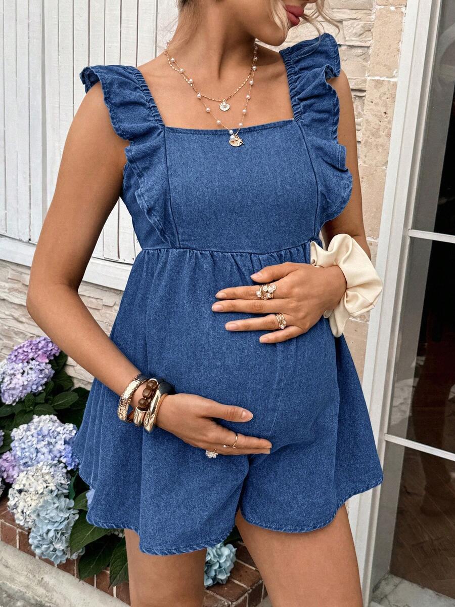 SHEIN Maternity Casual Denim Jumpsuit With Flared Sleeves, Summer - Blue - View 1