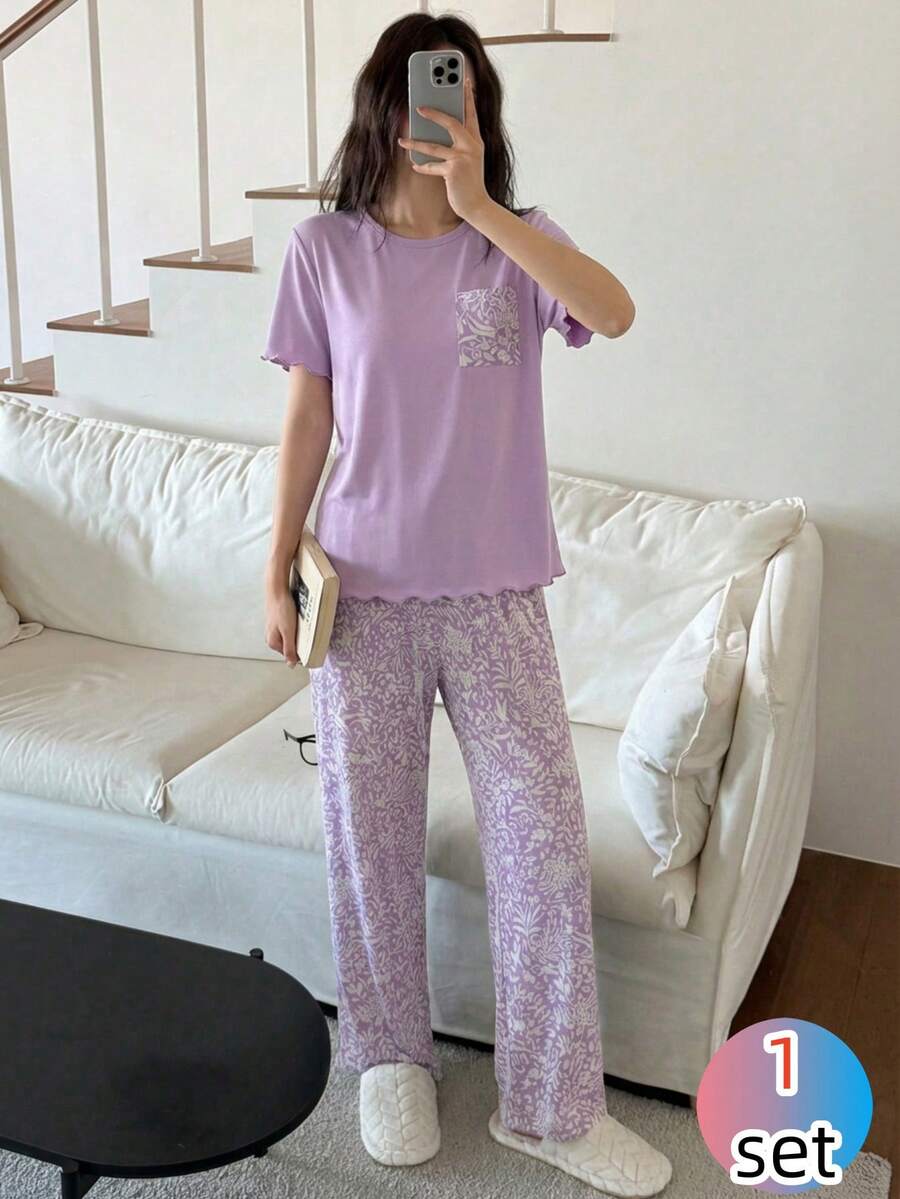 女童碎花针织短袖上衣和裤子休闲家居服套装，春夏款 - 淡紫色 - 查看 1