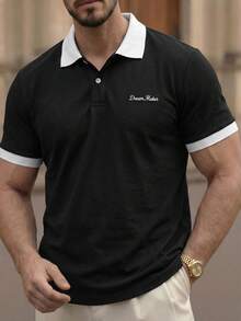 HIMLAND Men Letter Graphic Contrast Trim Polo Shirt - Black - View 7