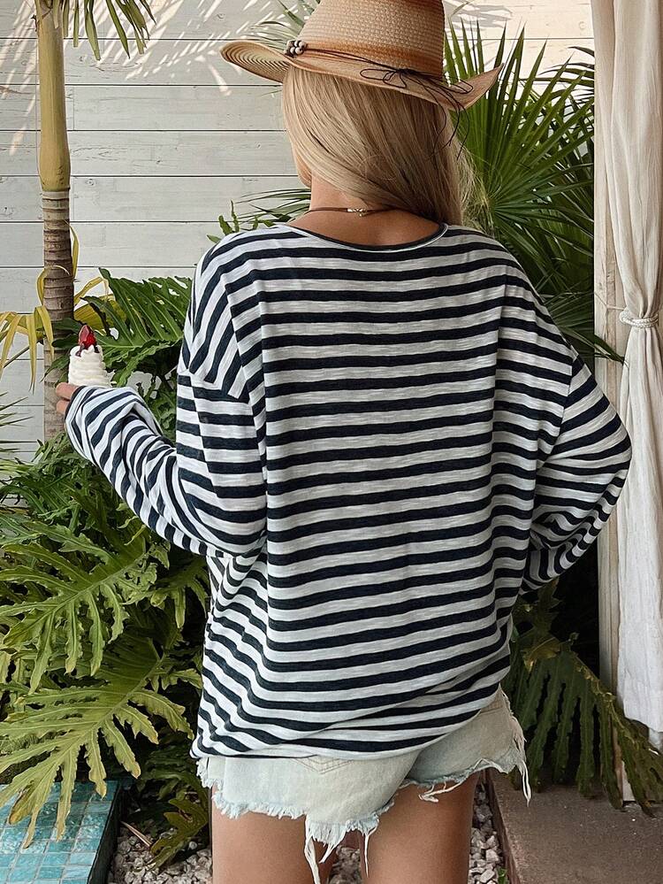 Contrast Stripe Loose Round Neck Long Sleeve Lightweight Casual Vacation Top T-Shirt For Women, Spring/Summer
