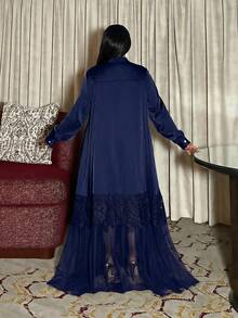 Maweii Plus Size Women Casual Vacation Daily Cardigan With Button, Ruffle Hem & Mesh Patchwork, Loose & Comfortable A-Line Dress - Blue - View 2